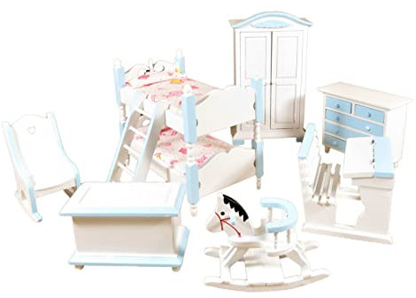 Melody Jane Puppenhaus Blau & Weiß Schlafzimmer Möbel Set Mit Etagenbett 1:12 Maßstab