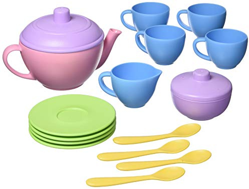 Green Toys Tea Set, Pink 4C - 17 Piece Pretend Play, Motor Skills, Language & Communication Kids Role Play Toy. No BPA, phthalates, PVC. Dishwasher Safe, Recycled Plastic, Made in USA.