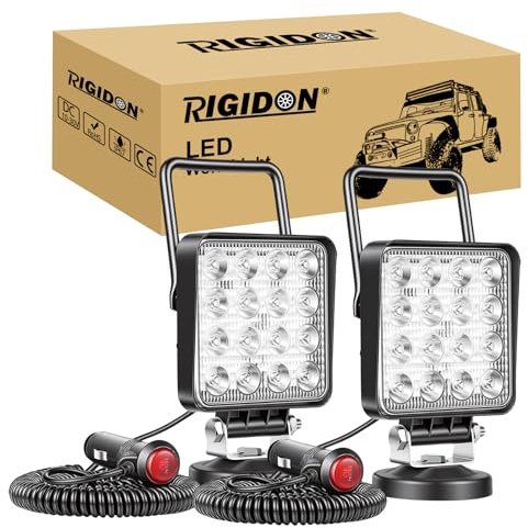 RIGIDON 2x led arbeitsscheinwerfer magnetfuß, suchscheinwerfer, 4 zoll 48W | spot, zigarettenanzünder, 5 meter kabel, 12V 24V, offroad beleuchtung, zusatzscheinwerfer, für auto traktor KFZ LKW 4x4 boot