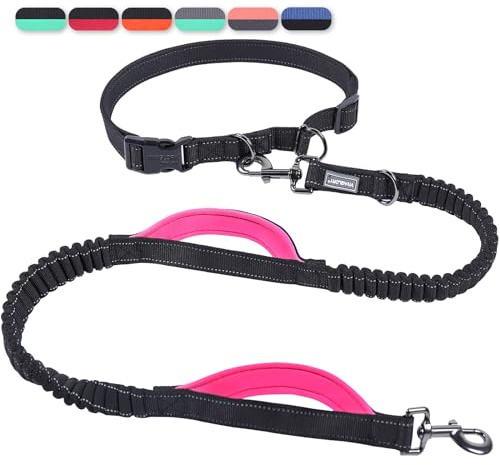 VIVAGLORY Joggingleine Hunde Bungee Hundeleine Joggen, M, Schwarz/Pink2 | Laufleine für Hunde Freihandleine mit Bauchgurt & Gepolstertem Griff für Joggen, Bungee Reflektierend Joggingleine Laufleine