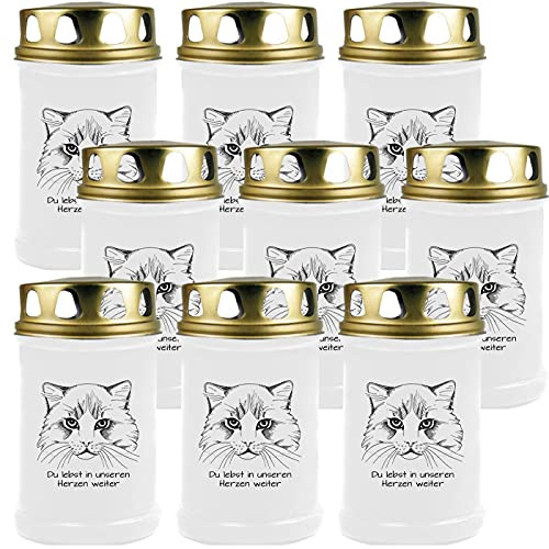 HS Candle Grabkerze - 9er Pack - Grablicht mit Tier-Motiv (Katze Kopf 1) - ca 40h Brenndauer je Kerze (12cm, Ø 6cm) - viele versch. Designs