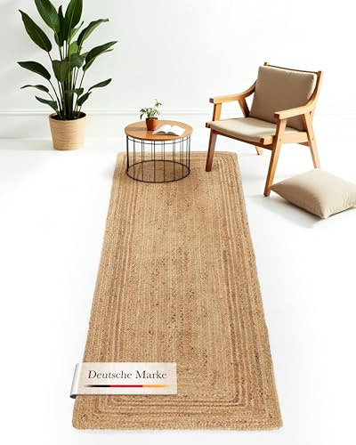 CarpetFine Tapis Jute Nele Couloir Couleur Naturelle Beige 80x600 cm tissé à la Main en Jute | Tapis Naturel Moderne uni de Style Boho pour Salon et Chambre.