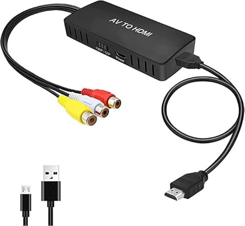 Wrugste Convertitore RCA a HDMI, adattatore AV a HDMI, adattatore composito 1080P, PAL/NTSC, compatibile con WII/WII U/PS One/PS2/PS3/STB/Xbox/VHS/VCR/Blue-Ray DVD