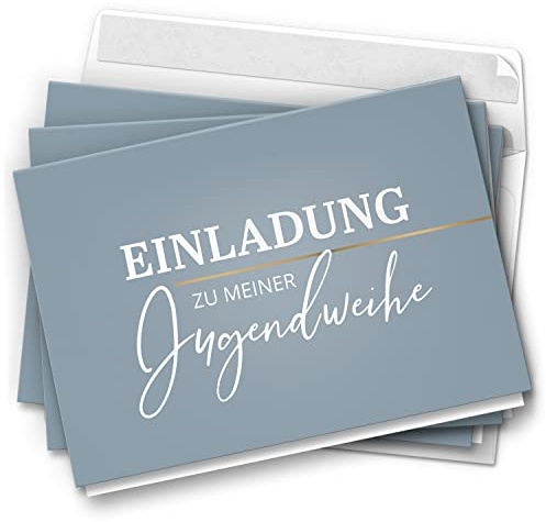 10 Jugendweihe Einladungskarten Jungen - Motiv Blau grau Edel - moderne Einladungen Klappkarten mit Umschlägen