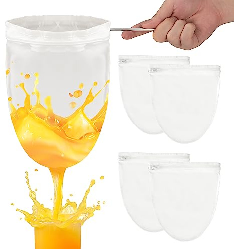 Nussmilchbeutel Baumwolle Siebbeutel mit Reißverschluss 1 Edelstahlring Halter für Obstsaft Kaffee Sojamilch 4 Stück Weiß