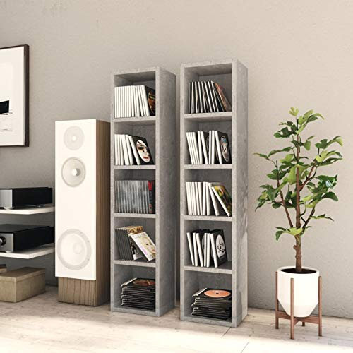 Homgoday CD-Schränke, 2 Stück, Beton-Grau, 21 x 16 x 93,5 cm, technisches Holz, Schallplatten, Medienaufbewahrung, Display-Regal, Organizer, Bücherregal, Ständer, Bücherregal, Schrank für