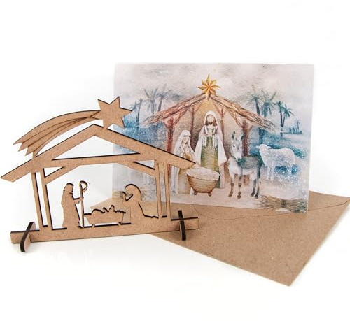Logbuch-Verlag 3 Weihnachtskarten mit Kuvert + Weihnachtskrippe aus Holz Weihnachten Karte mit kleinem Geschenk DIN A6