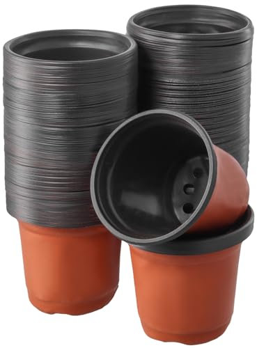 KEILEOHO 200 stycken planteringskrukor plast 10 cm, planteringskrukor liten plast, blomkruka odlingskrukor runda för plantor, omplantering, sådd, tegelröd