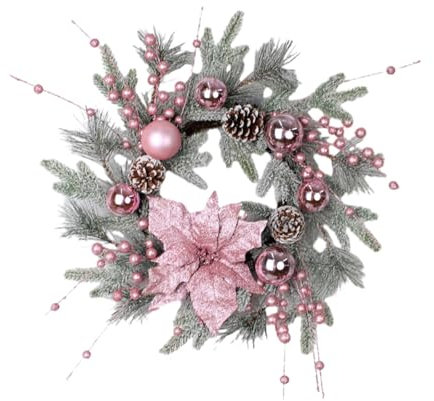 perfk Künstlicher Weihnachtskranz für die Haustür, rosa Beeren, Weihnachtsgirlande, Weihnachtskranz für Veranda, Balkon, Fenster, Wohnzimmer, 50cm