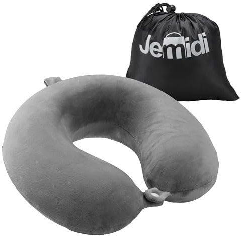 JEMIDI Nackenhörnchen für Erwachsene - Bequemes Reisekissen fürs Flugzeug - Ideal für Reisen sowie für Lange Arbeitstage - Polyester und Gedächtnisschaum - Grau