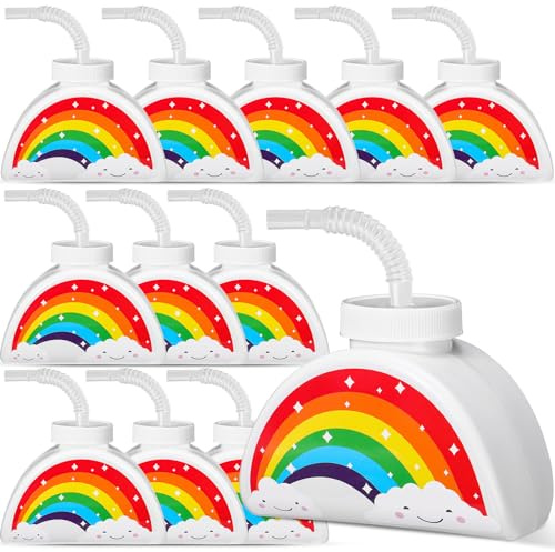 Domensi 12 Pack Rainbow Party Cups with Lids and Straws for Kids, 10oz Reusable Plastic Tumblers for Rainbow Birthday Party Favors, Baby Shower, School Event, Kindergarten, Christian Charity Donation