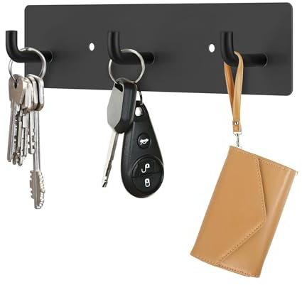 RELBRO Key Holder Wall Mount, Small Metal Self Adhesive Key Rack with 3 Hooks, 2 Installation Options, Black