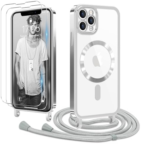 Ethanger Handyband für iPhone 11 Pro Hülle mit Band + 2 Stück Panzerglas Schutzfolie Transparent Silikon Handyhülle Magnetische Schutzhülle Case zum Kordel Abnehmbar für iPhone 11 Pro Silber