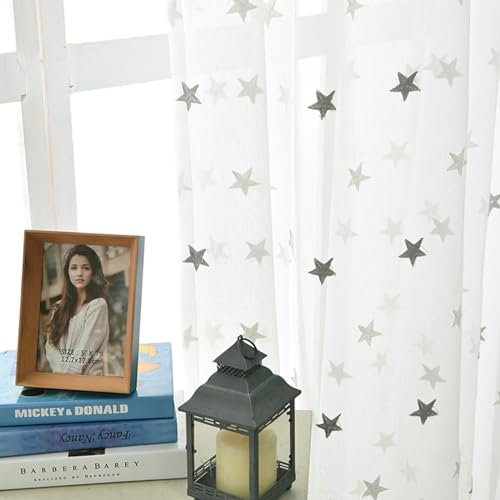Bishilin Vorhänge mit Haken für Schiene 132x160CM, Gardinen Lichtdurchlässig Weiß Stickerei mit Sterne Motiv Vorhänge Halbtransparent Wohnzimmer Küche