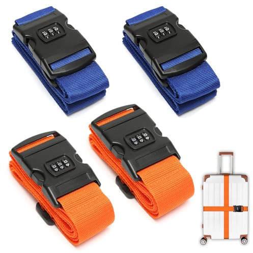 4 Pezzi Cinghie per Valigie con Combinazione, 2 Colori Cintura per Valigia Personalizzate, Cinghia per Bagagli Regolabile per Valigie, Valigie da Ciaggio, Arancio e Blu