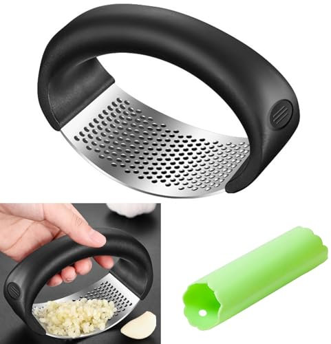 GGTTNRT Garlic Crusher, Stainless Steel Garlic Press Crusher, Kitchen Garlic Press Rocker, with Garlic Peeler, Easy to Clean (Black)