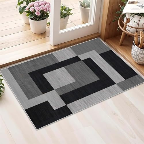 AMEHA Door Mat Indoor 40x60 cm - Black & Grey Small Rug (Milo Black & Grey) | OEKO-TEX Certified Printed Rug, Non Slip Backing, Low Pile, Non Shedding, Easy Care Geometric Design