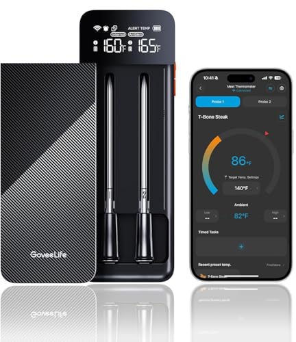 GoveeLife Smart Wireless Meat Thermometer 2 Probes with Stable Bluetooth WiFi Transmission, Digital Oven Thermometer with Accuracy±1.8℉, IP68, Charge Magnetic Base, Alarm, for BBQ, Grill, Smoker