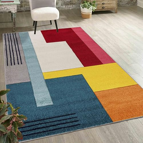 Mazovia Tappeto Geometrico Moderno - Pile Corto, Morbido e Colorato per Soggiorno, Camera da Letto e Sala da Pranzo - Certificato OEKO-TEX - Motivi Geometrici 80x150 cm