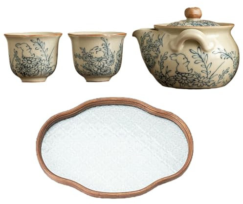Cartoon-Teeset mit niedlichem Hasen-Motiv, handgegriffene Teekanne im chinesischen Stil, Ru Ofen, Haushaltsempfang, Keramik-Teeset – eine Kanne, zwei Tassen + Begonien-Teller