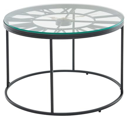 Couchtisch Glas Metall 60x60x43 cm Sofatisch Schwarz mit Deko-Uhr | Design Wohnzimmertisch Rund | Kleiner Kaffeetisch Modern | Beistelltisch Anstelltisch Wohnzimmer