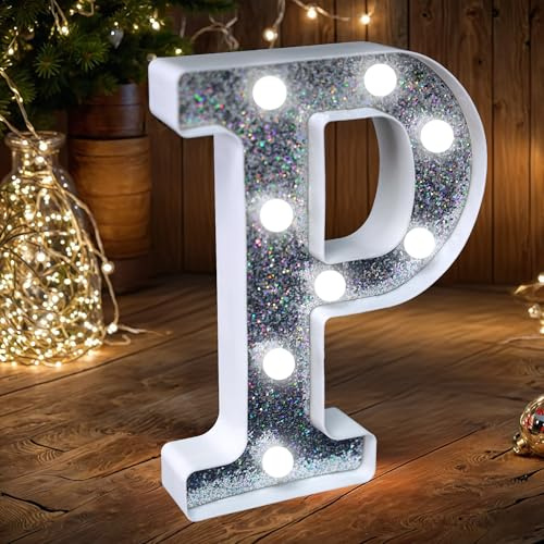 LED Marquee Letter Lights, Light Up Silver Glitter Letters Sign Battery Powered Night Light for Birthday Party Wedding Home Decoration Baby Shower-P
