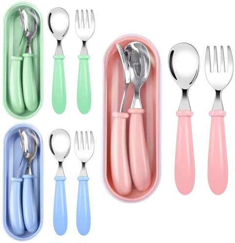 Baby Gabel und Löffel Set,6-teiliges Babylöffel Gabel, Edelstahl Löffel, Selbsternährende Lernutensilien, Kinder Baby Edelstahl Geschenk Edelstah, Baby Utensilien Löffels (3 Sets Grün, Blau und Rot)