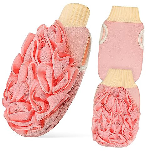 ARTSEWPLY 3pcs Double-sided Exfoliating Mitts Body Scrubber Dead Skin Remover Gloves Cherry Pink for Shower Bath Skin Care