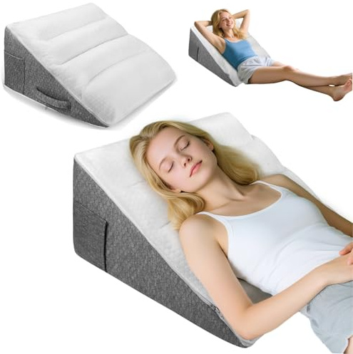 Bed Wedge Pillow, Memory Foam Sleeping Support Pillow, Dual Layer Incline Triangle Orthopaedic Cushion for Sleep Apnea, Acid Reflux, GERD, Back Pain, Snoring, Leg Elevation with Washable Cover