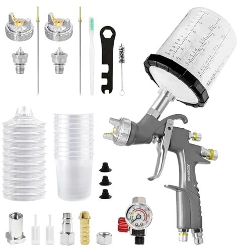 KCNKCN D1 LVLP Luftspritzpistole, Premium-Set, mit 650 ml Mischbecher und 10 Einwegbechern, 1,3/1,7/2,0 mm Düsen, Lackierpistole, Automobil-Lackierpistole für Hauslackierung, Auto, Möbel, Zaun