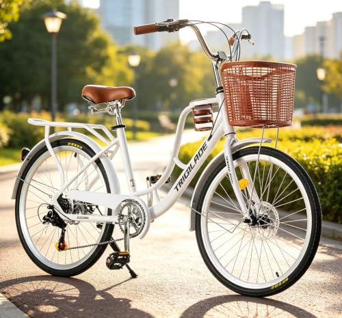 LSBIKE Ladies Bike with Basket 24/26in 7 Speed City Bicycle Women Girls Comfort Bike Lightweight Frame Hybrid Disc Brakes with Cupholder Steel Rear Rack Adjustable Handbar and Seat (White, 24inch) | Lightweight Frame;with Cupholder;Steel Rear Rack;Adjustable Handbar and Seat