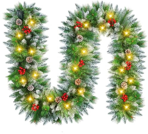 Christmas Garland with Lights - 9FT Pre-Lit Flocked Garland with 30 LED Bulbs, Red Berries, Pine Cones, Artificial Pine Battery Operated Garland for Fireplace, Staircase, Indoor & Outdoor Decoration