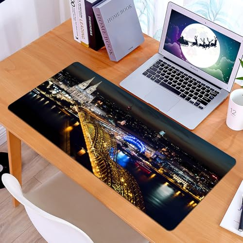 KDWJS Gaming Mauspad XXL 90x40cm Mousepad Groß Vernähte Kanten Anti-Rutsch für PC,Stadt, Bezaubernde Nachtansicht von Köln beleuchtet die Flussbrücke u,Laptop Verbessert Präzision und Geschwindigkeit
