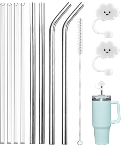 8 Pack Plastic and Stainless Steel Replacement Straws for Stanley Adventure Tumbler, BPA-Free Reusable Straws with Cleaning Brush and 2 Straw Covers for Stanley Cup Accessories ﻿