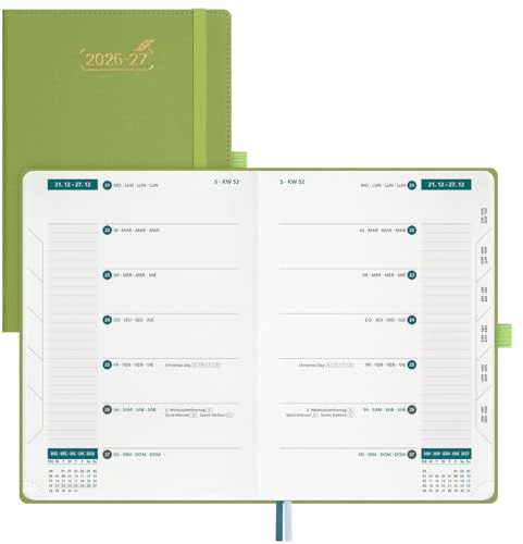BEZEND Agenda 2026 2027 Semana Vista A5 con Doble Horario - 15,5 x 21 cm | 18 Meses (Jul.26-Dic.27) Agenda Escolar A5, 2 Columnas para Trabajo y Vida Separado, Tapa Dura Cuero PU - Fruta Verde