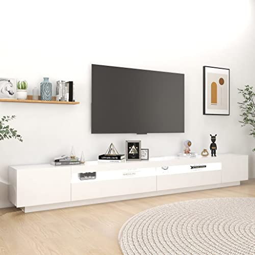 Iiaky Mueble TV de 300 cm con Luz LED, Montaje en Pared, Mueble TV Salon Aparador TV Salón Mesa TV Madera con Estantes-Blanco-300x35x40 cm