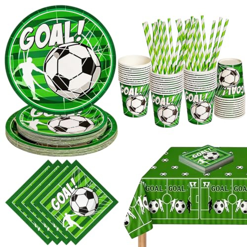 Nkaiso 126 Piezas Vajilla Fútbol Platos Papel Vasos 25 Invitados | Set Fiesta Fútbol con Platos de Papel, Vasos, Servilletas y Pajitas, Vajilla Desechable para Fiestas Tema Fútbol