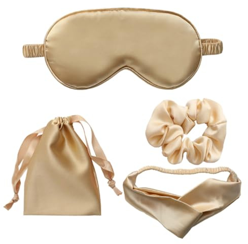 HEATSHAKING Patch de Sommeil en Soie Or Bandeau Élastique et Paquet de Rangement, Lot de 4 Set de Set de Pièces pour Soulager la Fatigue Oculaire et Favoriser le Sommeil
