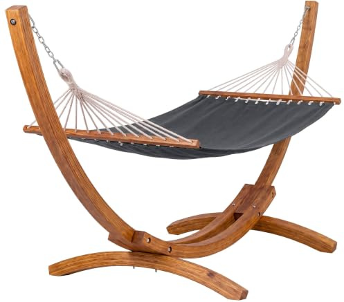 CLP Hängematte mit Gestell Herriman, freistehendes Holzgestell aus Eukalyptus, für Garten und Terrasse, für 2 Personen, belastbar bis 160 kg, Farbe:grau