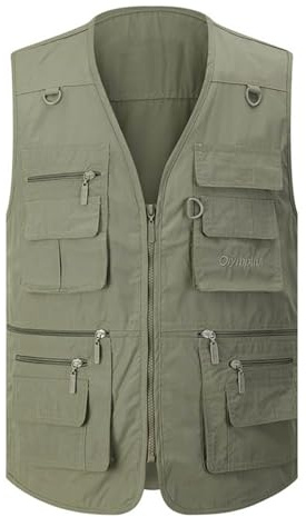 Gihuo Men's Fishing Vest Utility Safari Travel Vest with Pockets Outdoor Work Photo Cargo Fly Summer Vest (Medium, Army green)