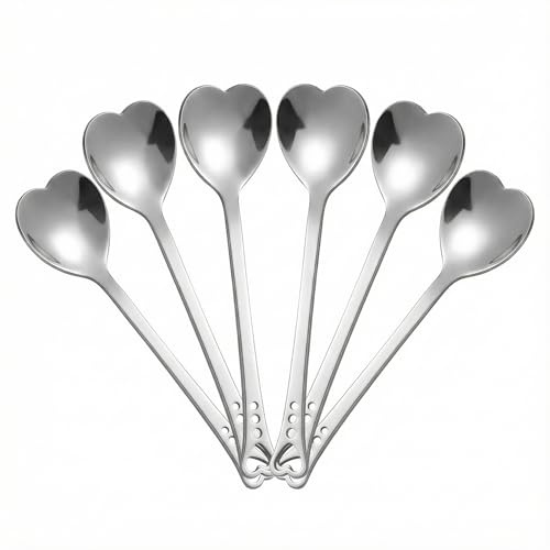 BESTonZON Set 6 Cucchiaini Caffè a Forma di Cuore in Acciaio Inox, Cucchiai Particolari per Confettata e Torta, Accessori Dolci per Colazione e San (Argento)
