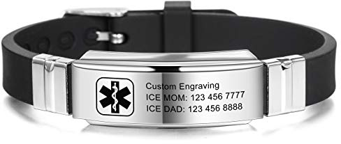 MOWOM Medical Pulsera Personalizada de Silicona grabada ID de identificación Deportiva Ajustable Identificación para Hombres Mujeres Niños Acero Inoxidable (Negro, *Personalizar*)
