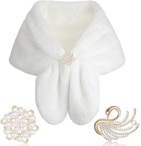 Geyoga Faux Fur Shawl Wrap Stole Shrug Winter Bridal Wedding Scarf Wrap with Faux Pearl Rhinestone Brooches for Women 1920s (White, Medium, Short Hair)