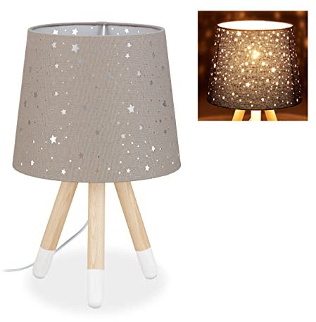 Relaxdays Tischlampe Kinderzimmer, Nachttischlampe Sterne, Jungen & Mädchen, E14, runder Stoffschirm, 40 cm hoch, grau