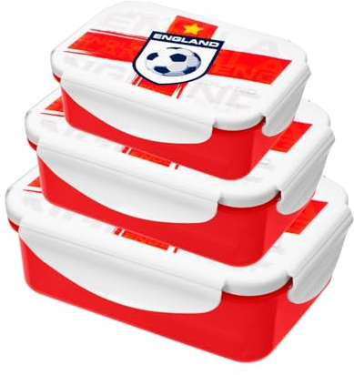 HOMESHOPA Plastic Lunch Box, 3 Pack Red 500ML/900ML/1500ML Clip & Lock Airtight Food Storage Containers, England Football Print BPA Free Leakproof Reusable Sandwich Boxes