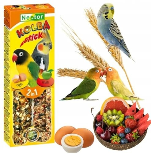 Twin Pack Parrots/Large Parakeets EGGS and FRUITS 2in1 Seed Sticks Parrots Canaries 115g Bird Food Budgie Cockatoo Finches Birds Cockatiel Treats Pack of Two Conures Snacks with Hooks