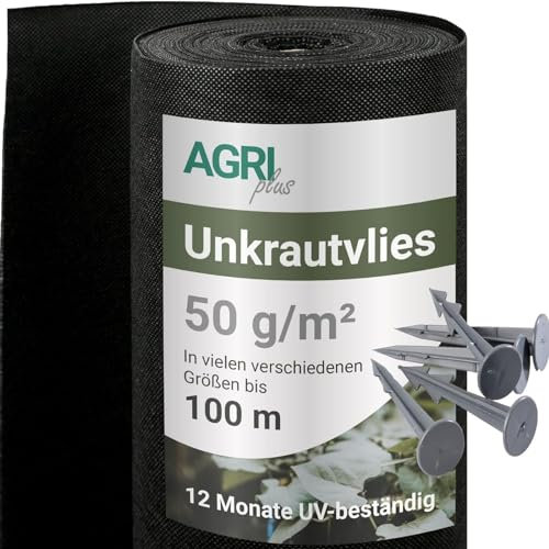 AGRI plus Set Unkrautvlies mit 100 Erdnägel I 1,2 x 100 m I Verschiedene Maße I Reißfestes 50 g/m² Polypropylen Vlies für den Außenbereich I Gartenvlies wasserdurchlässig & UV-beständig