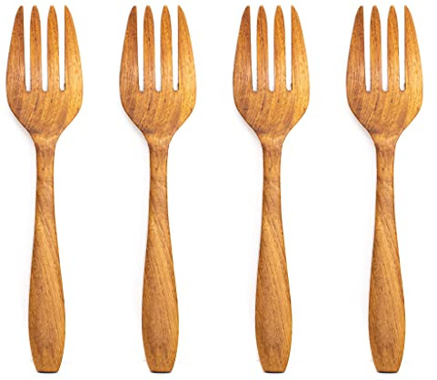 Rainforest Bowls Set of 4 Classic Javanese Teak Wood Forks - Reusable Eating Utensils - Ultra-Durable, Hot and Cold Friendly, Heavy-Duty- Premium Wooden Flatware Handcrafted by Indonesian Artisans