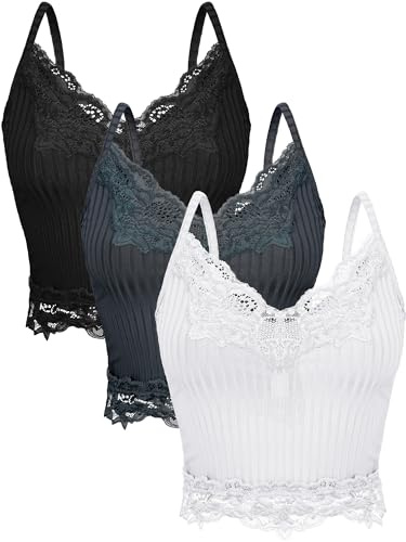 Bencailor 3 Pcs Women's Lace Tank Tops Y2k Camisole Lace Patchwork Crop Tops Grunge Style Ribbed Knitted Clothing(L,White, Gray, Black)