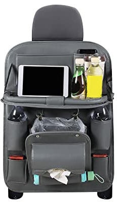 Ergocar Auto Rücksitz Organizer, PU-Leder Wasserabweisender Rücksitzschoner mit Klappbarem Esstisch und Müllsäcke, Autositz-Organizer mit Tablet/Telefon Aufbewahrung, Multifunktionale